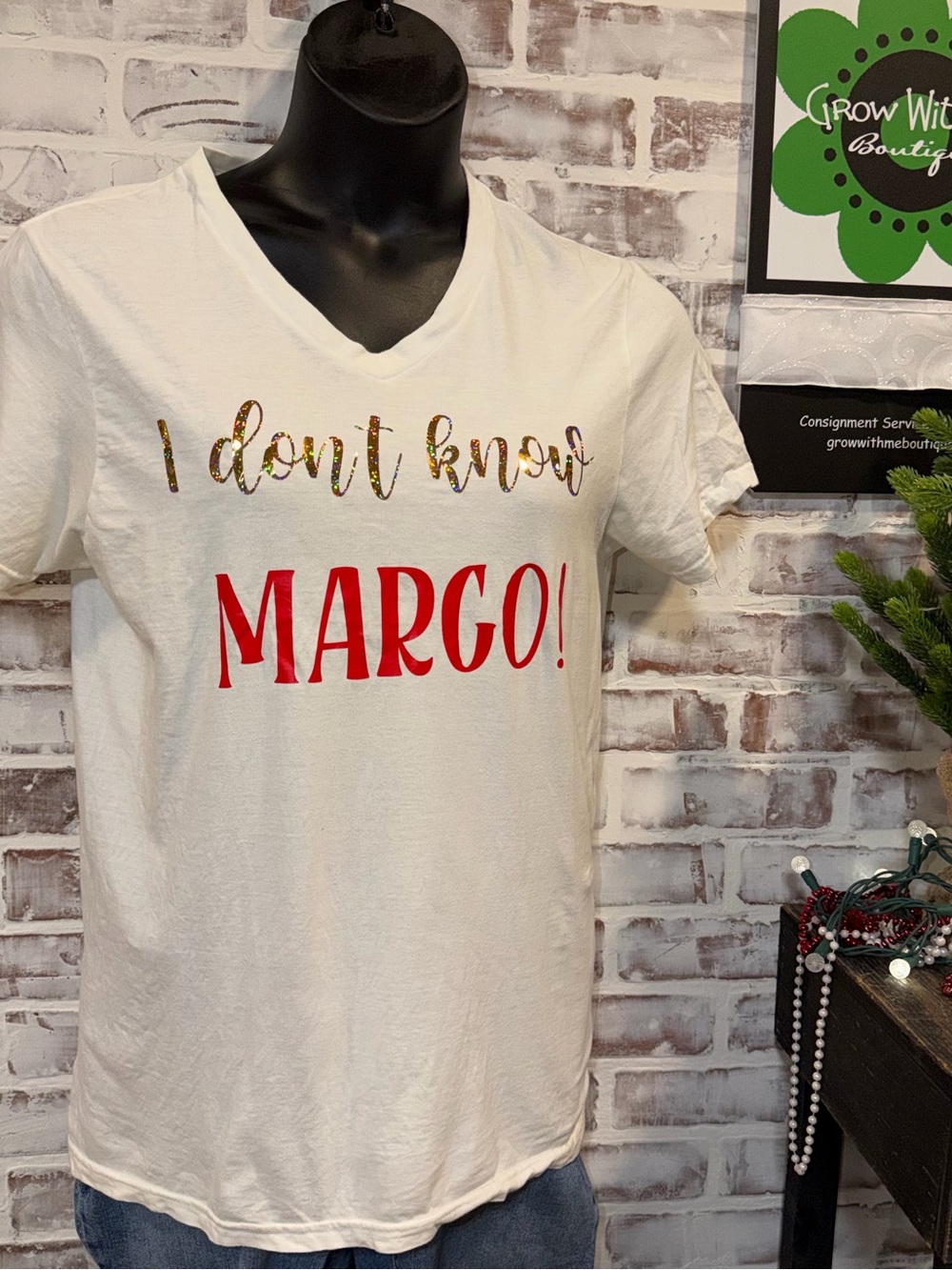 Goodfellow & Co White V-Neck Graphic Tee with Red and Gold Lettering